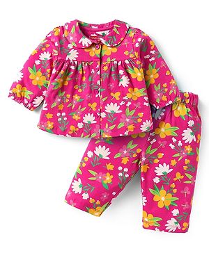 Babyhug Cotton Knit Full Sleeves Peter Pan Collared Night Suit With Floral Print - Dark Pink