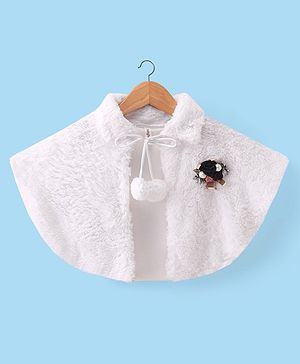 Babyhug Woven Half Sleeves Tie Up Collared Poncho with Pom Pom Detailing & Floral Applique - White
