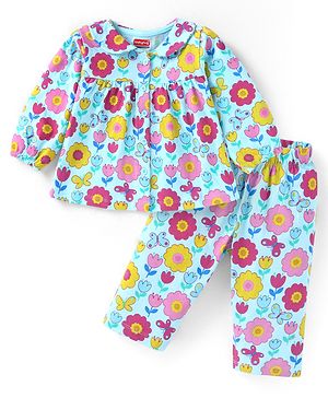 Babyhug Cotton Knit Full Sleeves Front Open Night Suit with Peter Pan Collar & Floral Print - Sky Blue