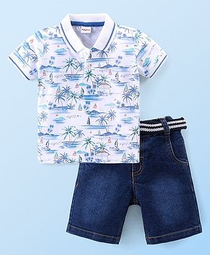 Babyhug Single Jersey Knit Half Sleeves Polo T-Shirt & Denim Shorts Set With Beach Print - White & Blue