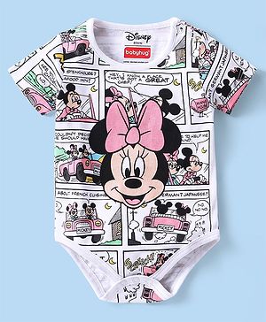 Babyhug Disney 100% Cotton Knit Half Sleeves Onesie with Minnie Mouse Print - White
