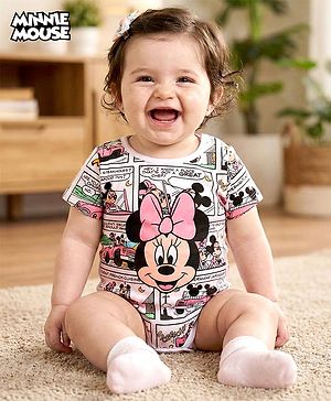 Babyhug Disney 100% Cotton Knit Half Sleeves Onesie with Minnie Mouse Print - White