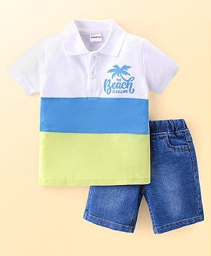 Babyhug Single Jersey Knit Half Sleeves T-Shirt And Denim Shorts Set Beach Theme Print - Multicolor