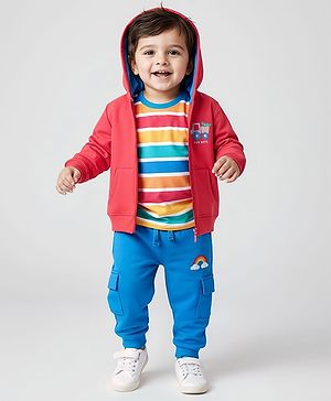 Babyhug Terry Knit Full Sleeves Front Open Hooded Sweatjacket & Lounge Pant Set with Striped T-Shirt Lorry Print  - Red & Blue