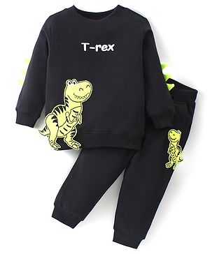 Kookie Kids Cotton Knit Full Sleeves Winter Wear Suit With T-Rex Applique Detailing - Black