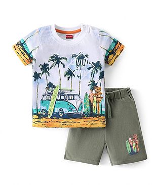 Babyhug Cotton Knit Half Sleeves T-Shirt & Shorts Set With Beach Theme Print - White & Green