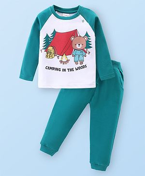 Babyhug Cotton Knit Raglan Sleeves T-Shirt & Lounge Pants Set With Camping Print - White & Green