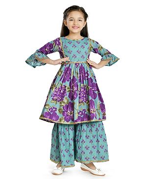 Teentaare Cotton Bell Sleeves Kurta & Gharara Set with Floral Print - Blue