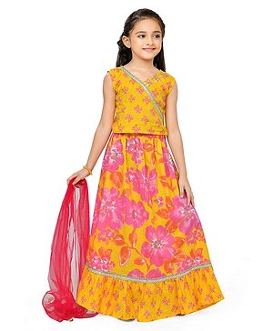 Teentaare Cotton Sleeveless Choli Lehenga Set with Dupatta Floral Print - Yellow & Pink