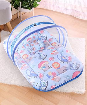 Babyhug 100% Cotton Mattress Set with Mosquito Net & Mushroom Print - Blue