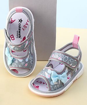 Cute Walk By Babyhug Sandals With Velcro Closure & Bow Applique - Grey