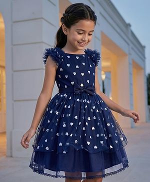 Pine Kids Woven Frill Sleeves Party Dress with Bow Applique Hearts Print - Navy Blue