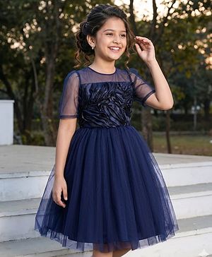 Pine Kids Woven Puffed Sleeves Party Dress - Navy Blue