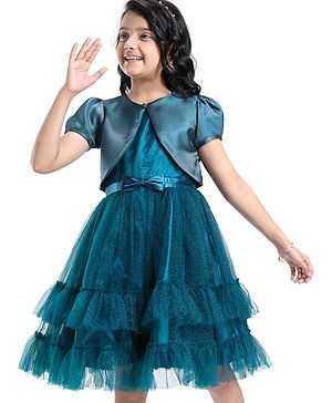 Pine Kids Woven Puffed Sleeves Jacket with Gilttery Tiered Party Dress  Bow Applique - Teal Blue