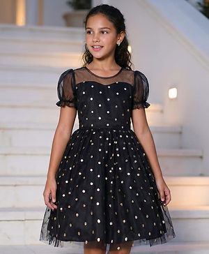 Pine Kids Woven Half Puffed Sleeves Party Frock with Polka Dots Foil Print - Black