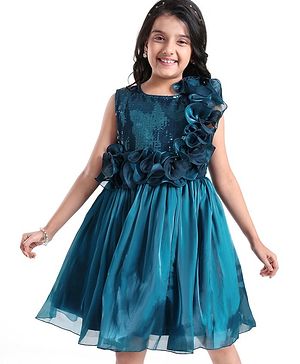 Pine Kids Woven Sleeveless Party Frock With Sequin & Frill Detailing - Teal Blue