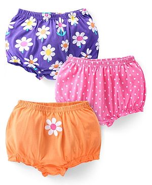 Babyhug 100% Cotton Antibacterial Bloomers With Floral & Polka Dot Print Pack of 3 - Pink Orange & Blue