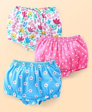 Babyhug 100% Cotton Antibacterial Bloomers With Floral & Polka Dot Print Pack of 3 - Pink & Blue
