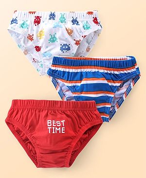 Babyhug 100% Cotton Antibacterial Briefs With Stripes & Robotic Print Pack of 3 - Blue White & Red