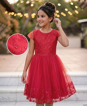 Pine Kids Woven Cap Sleeves Party Frock with Floral Embroidery - Red