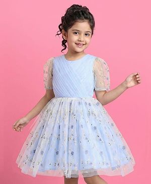 Pine Kids Woven Puffed Sleeves Party Dress with Floral Embroidery - Light Blue