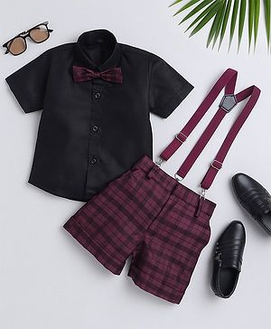 Jeet Ethnics Half Sleeves Solid Shirt With Checked Shorts Bow & Suspender Set - Maroon