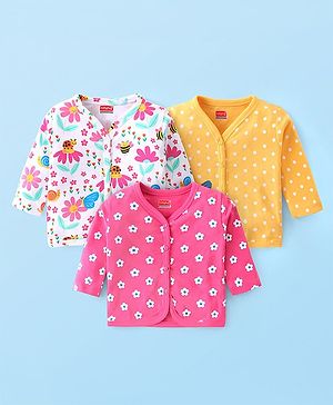 Babyhug 100% Interlock Cotton Knit Antibacterial Full Sleeves Front Open Vests With Polka Dots & Floral Print Pack of 3 - Multicolour