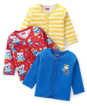 Babyhug Interlock Cotton Knit Full Sleeves Antibacterial Front Open Vests With Stripes & Animal Prints Pack of 3 - Yellow Blue & Red