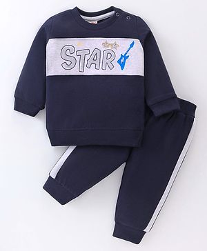 Zero Fleece Knit Full Sleeves Winter Wear Suit With Rockstar Print - Navy