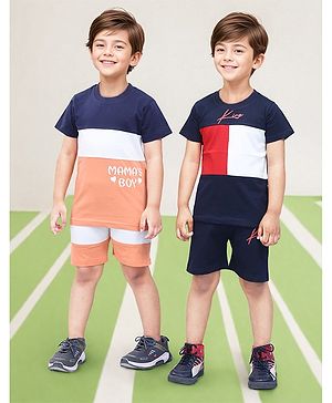 TOONYPORT Cotton Pack Of 2 Half Sleeves Colour Blocked Mamas Boy & King Text Printed Tees With Shorts - Navy Blue & Orange