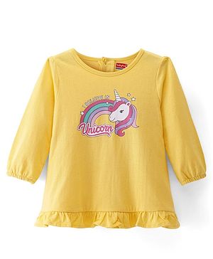 Babyhug Cotton Knit Full Sleeves Nighty With Unicorn Print - Yellow