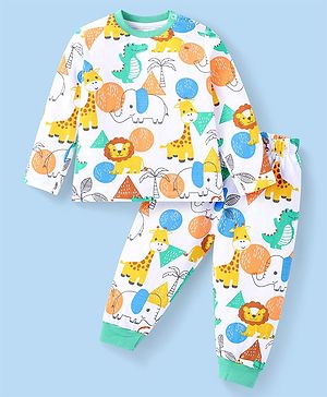 Babyhug Cotton Knit Full Sleeves Animal Printed Night Suit - White