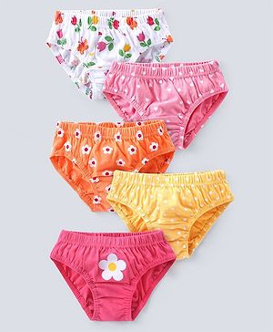 Babyhug 100% Cotton Antibacterial Panties With Floral & Hearts Print Pack of 5 - Multicolour