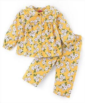 Babyhug Cotton Knit Full Sleeves Peter Pan Collared Night Suit With Floral Print - Mustard