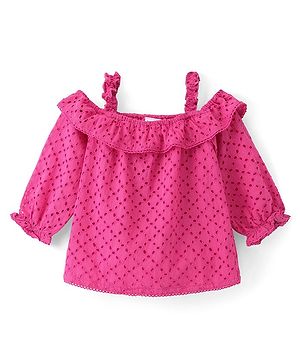 Babyhug Rayon Knit Cold Shoulder  Full Sleeves Schifli Top with  Detailing Top - Pink