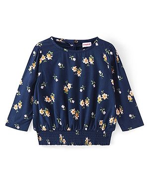 Babyhug Rayon Knit Full Sleeves Top with Elasticated Bottom & Floral Print - Navy Blue