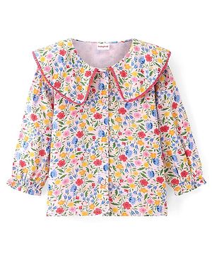 Babyhug Full Sleeves Front Open Peter Pan Collar Top with Floral Print- White