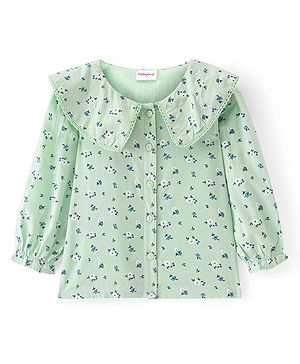 Babyhug Rayon Knit Full Sleeves Front Open Peter Pan Collared Top with Floral Print - Green