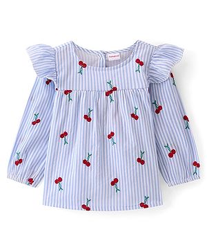 Babyhug Full Peasant Sleeves Striped Top with Cherry Embroidery - Blue