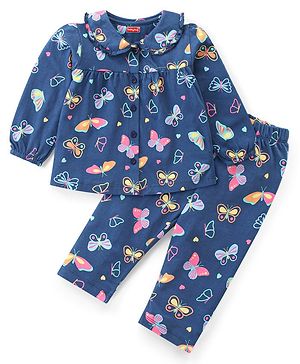 Babyhug Cotton Knit Full Sleeves Front Open Night Suit with Peter Pan Collar & Butterfly Print - Navy Blue