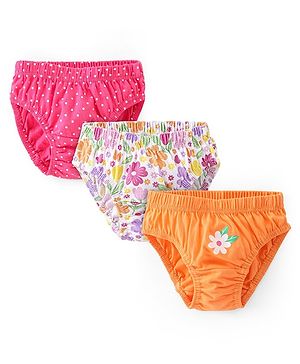 Babyhug 100% Cotton Knit Antibacterial Panties with Floral & Polka Dots Print Pack of 3 - White Pink & Orange