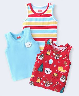 Babyhug 100% Cotton Single Jersey Knit Sleeveless Antibacterial Sandos with Stripes & Animals Print Pack of 3 - Red & Blue