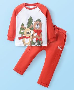 Babyhug Cotton Knit Raglan Sleeves T-Shirt & Lounge Pants Set With Animals Print - Red & White