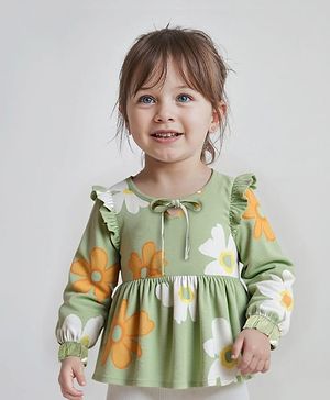 Babyhug Woven Full Peasant Sleeves Top With Floral Print - Green