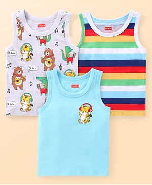 Babyhug 100% Cotton Sleeveless Antibacterial Sandos Striped & Cub Print Pack of 3 - White & Blue
