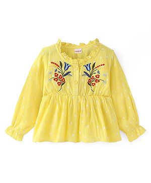 Babyhug Full Sleeves Top with Floral Embroidery - Yellow