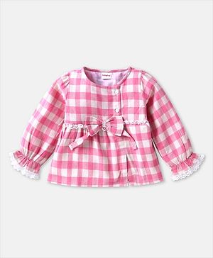 Babyhug Full Peasant Sleeves Checks Top with Bow  - Pink & White