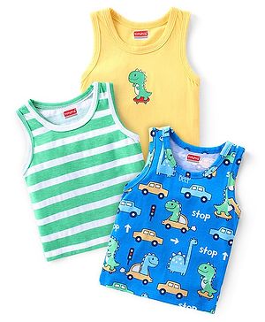 Babyhug 100% Cotton Knit Sleeveless Antibacterial Sando With Dino Print Pack of 3 - Multicolor