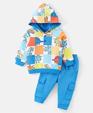 Babyhug Cotton Knit Full Sleeves Hooded T-Shirt & Lounge Pants Set With Dino Print - Blue