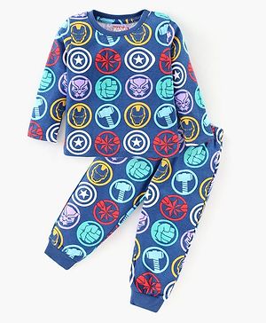 Babyhug Marvel Single Jersey Knit Full Sleeves Night Suit with Avengers Print - Navy Blue